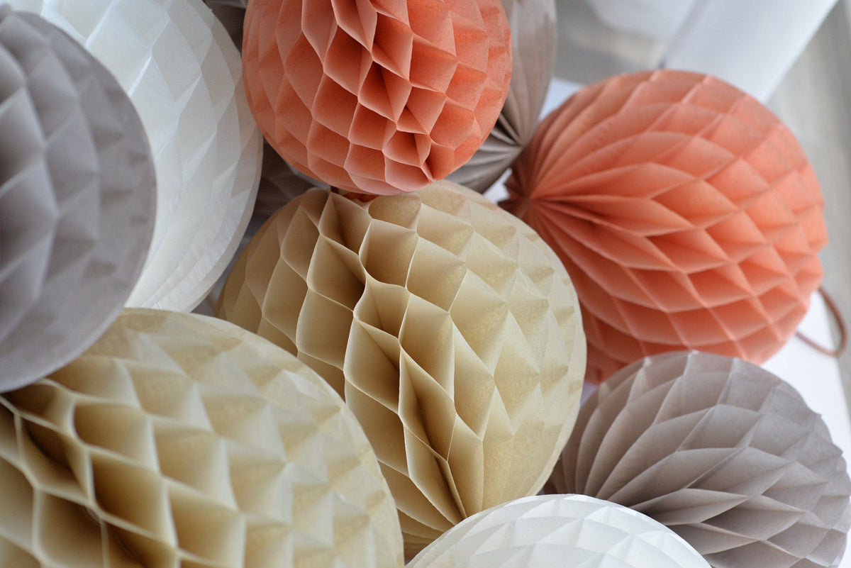 Terracotta and neutral paper honeycomb ball party decoration set - rustic wedding, neutral baby shower, bridal shower, birthday decorations
