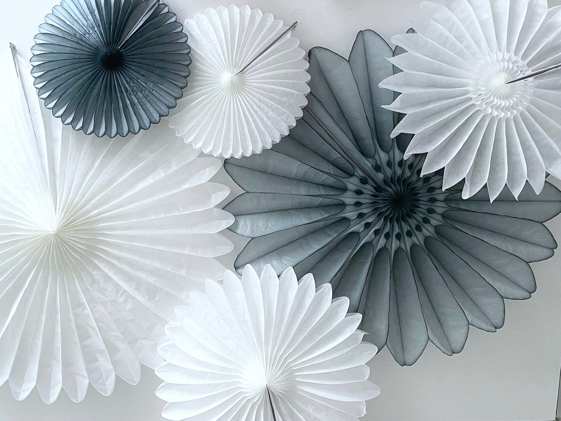 White and grey Paper fans party decorations set - backdrop for wedding, baby shower, bridal shower large size 67cm