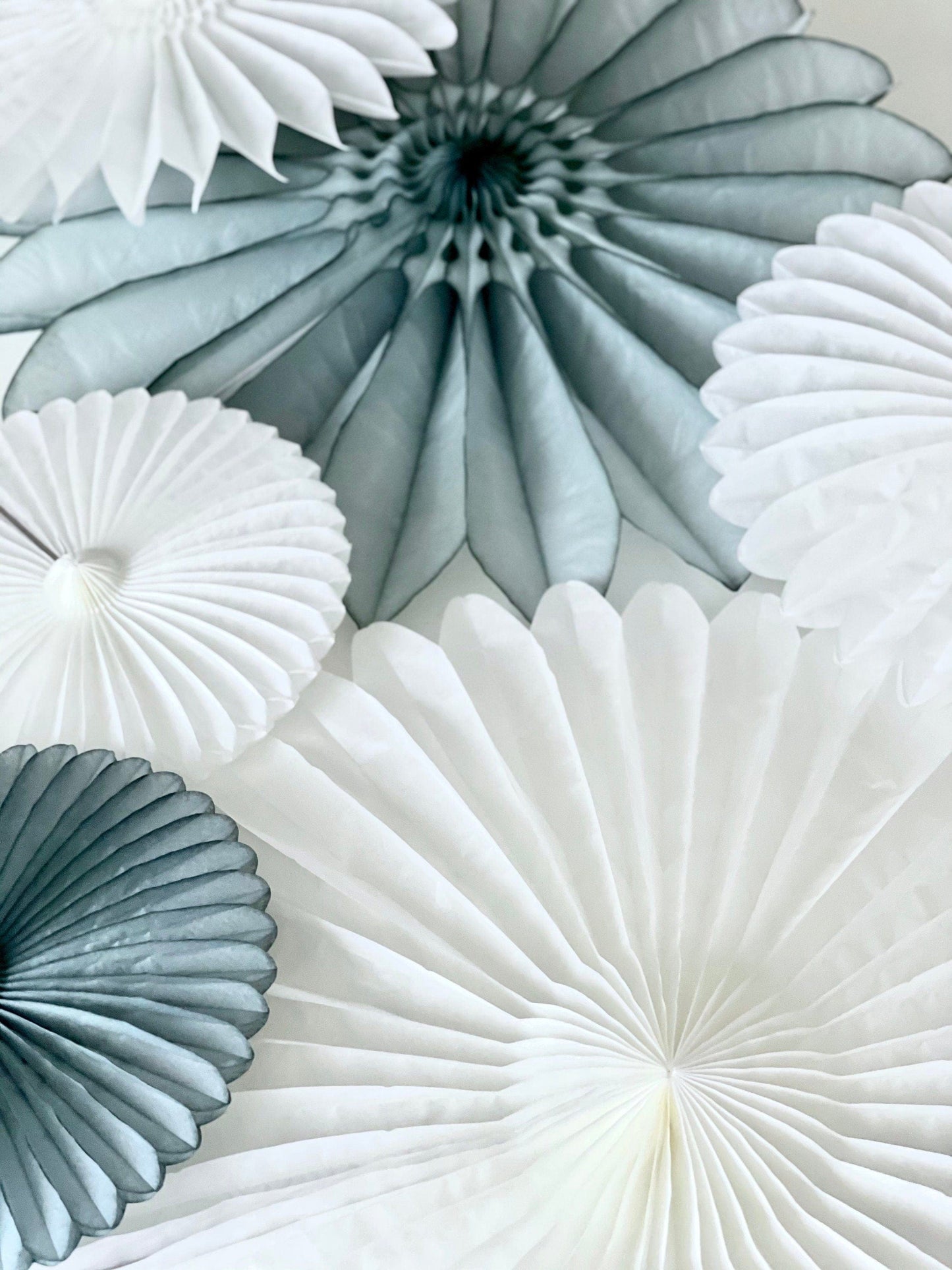 White and grey Paper fans party decorations set - backdrop for wedding, baby shower, bridal shower large size 67cm