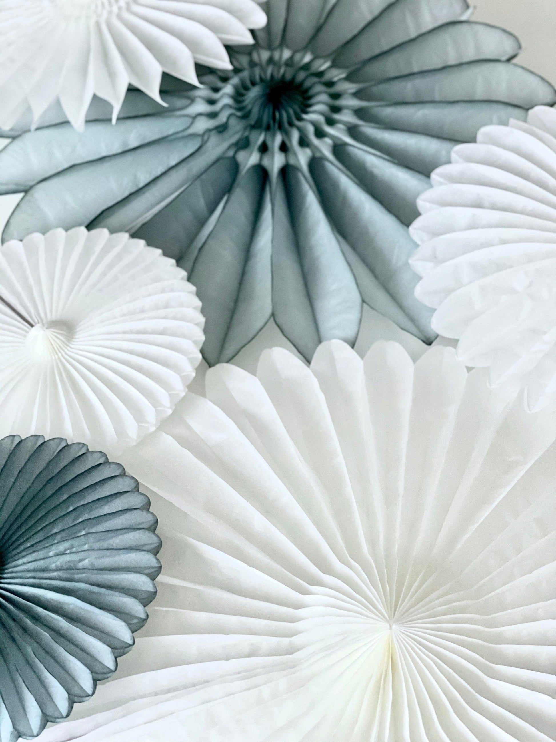 White and grey Paper fans party decorations set - backdrop for wedding, baby shower, bridal shower large size 67cm