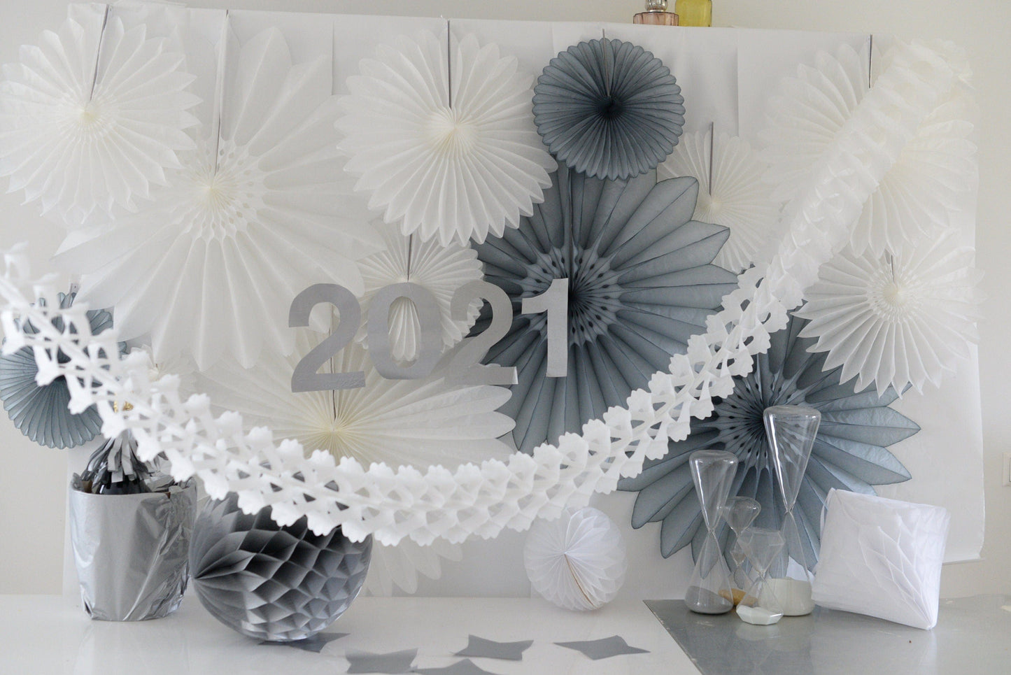 White and grey Paper fans party decorations set - backdrop for wedding, baby shower, bridal shower large size 67cm