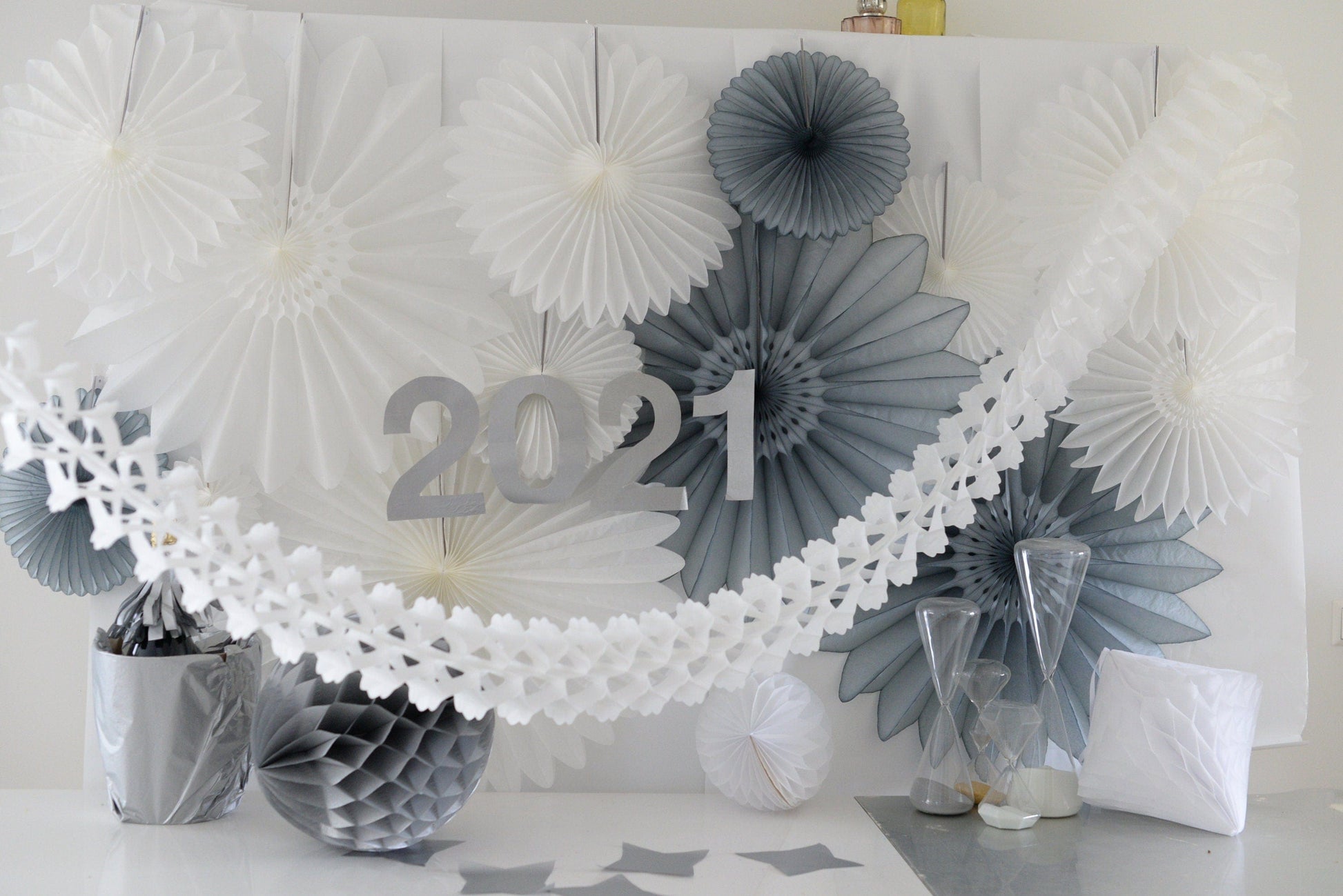 White and grey Paper fans party decorations set - backdrop for wedding, baby shower, bridal shower large size 67cm