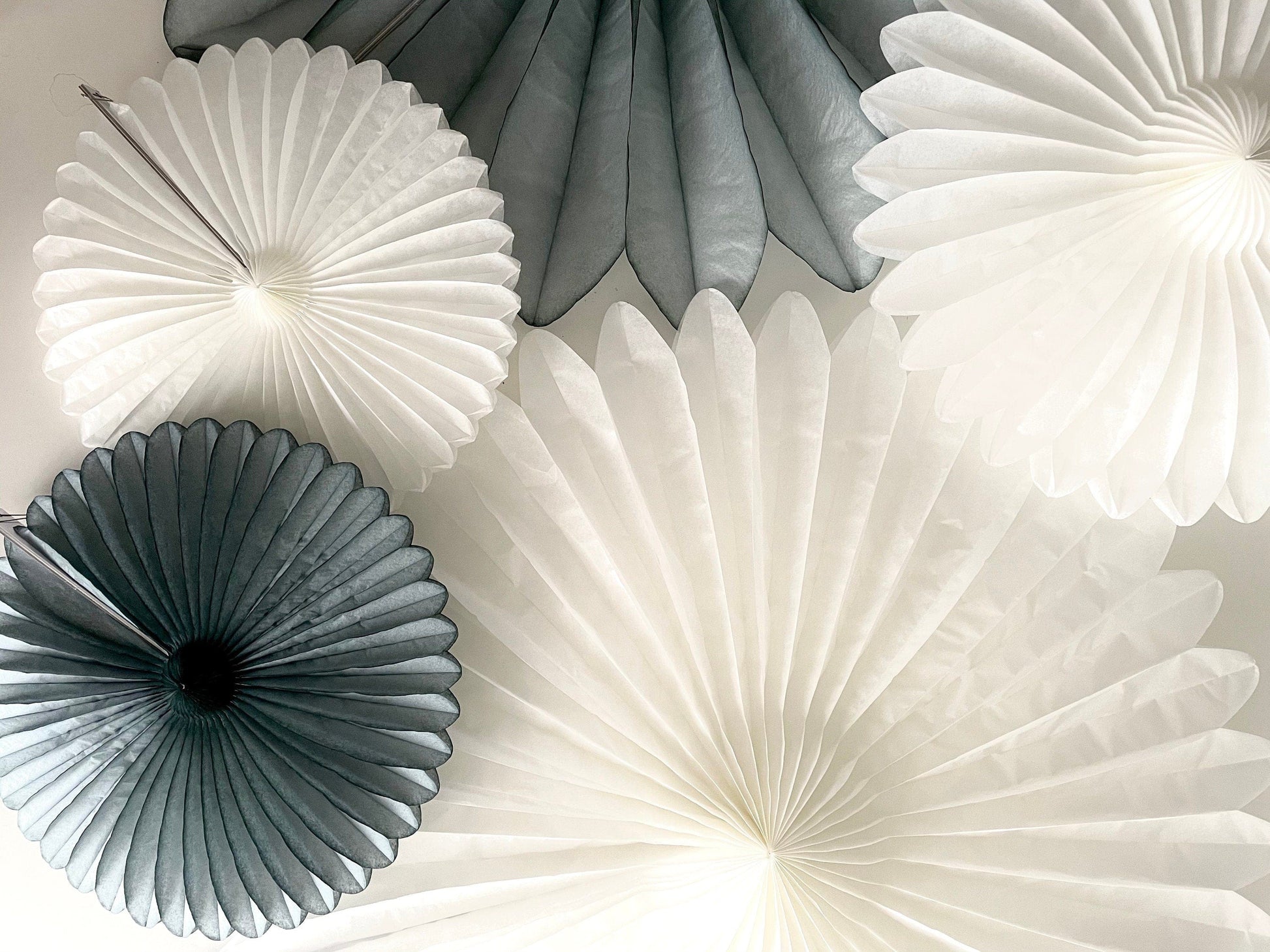 White and grey Paper fans party decorations set - backdrop for wedding, baby shower, bridal shower large size 67cm