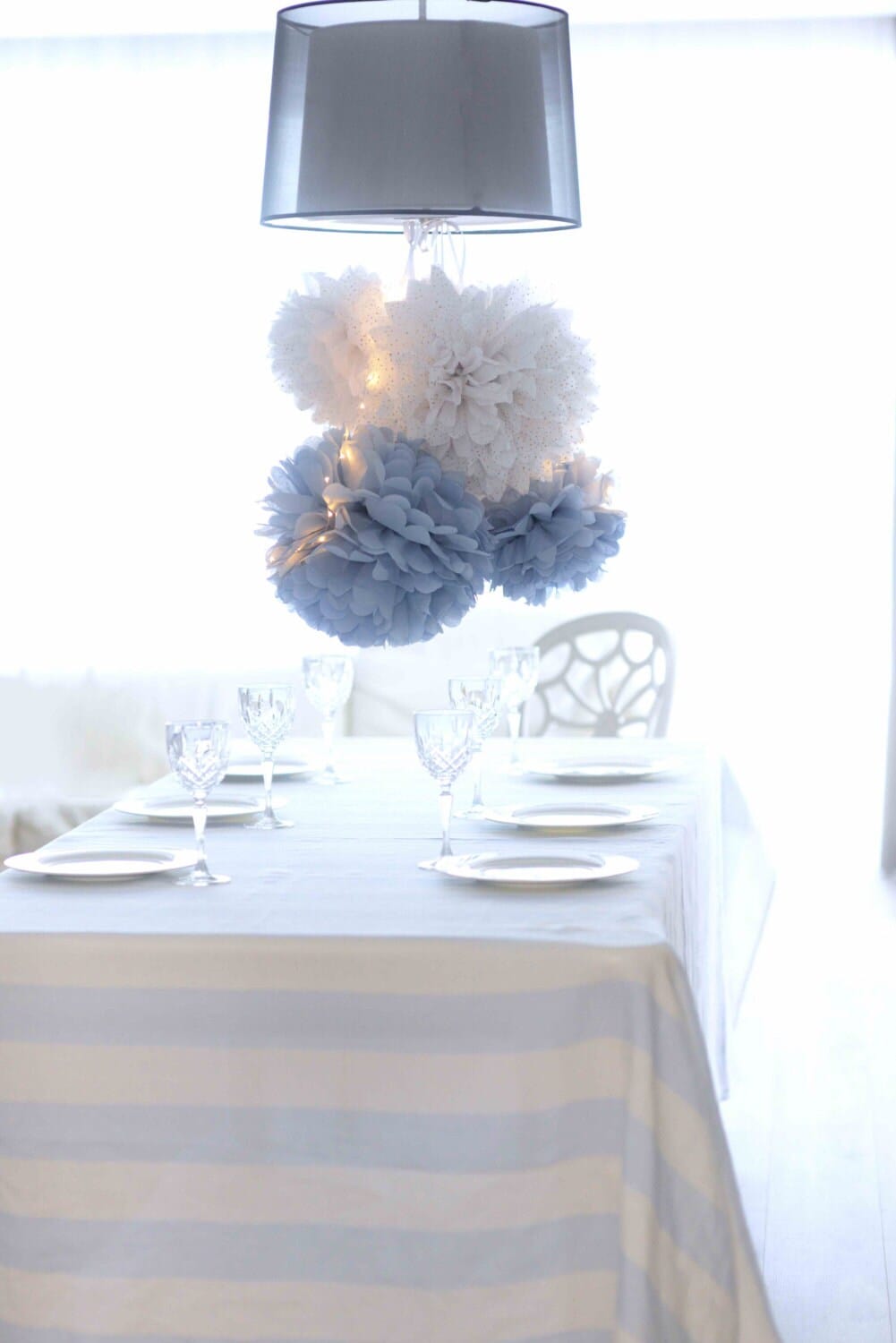 White, dusty blue and grey paper pom pom set of 16 mixed sizes Boys birthday baptism Pom pom for baby shower boho wedding decorations