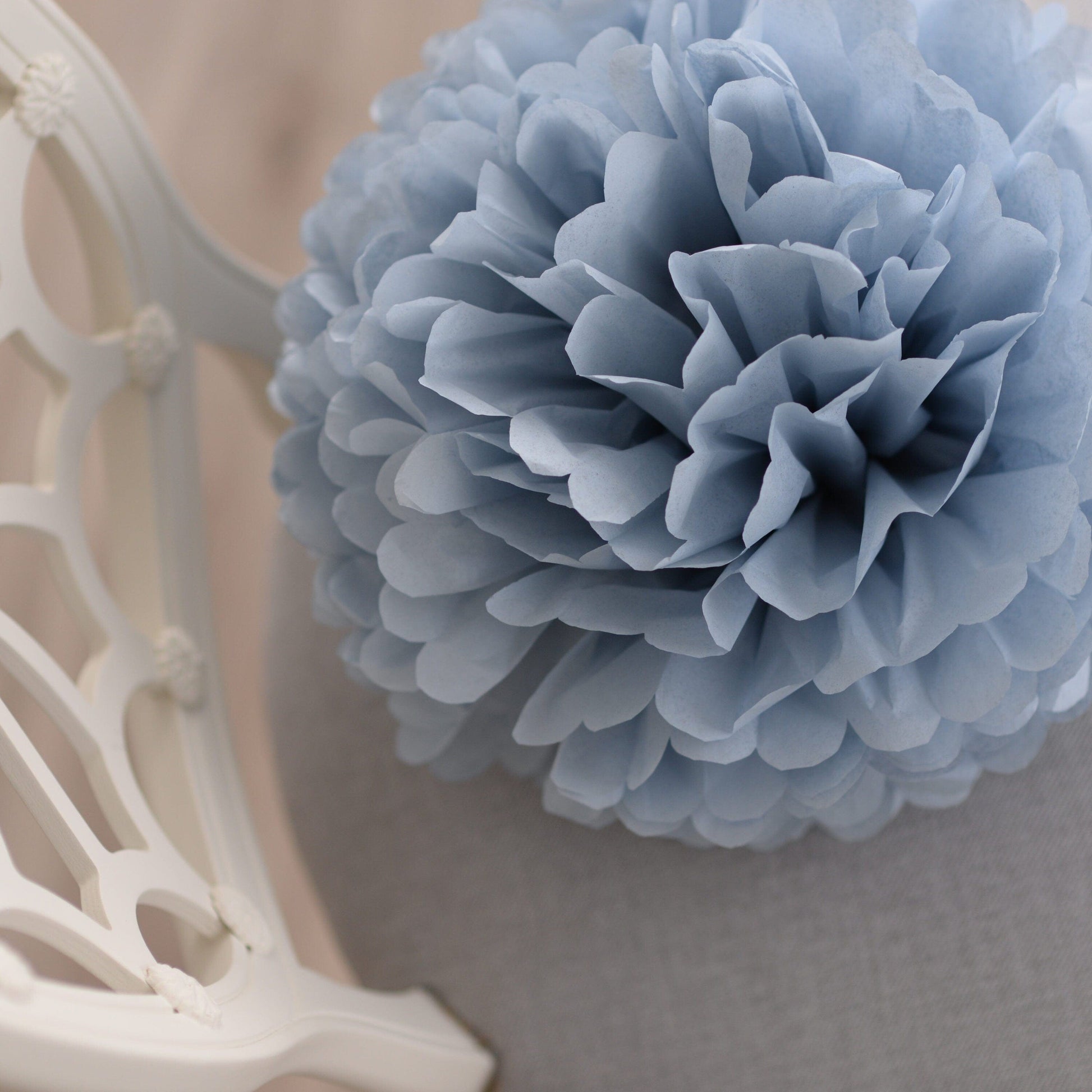 White, dusty blue and grey paper pom pom set of 16 mixed sizes Boys birthday baptism Pom pom for baby shower boho wedding decorations