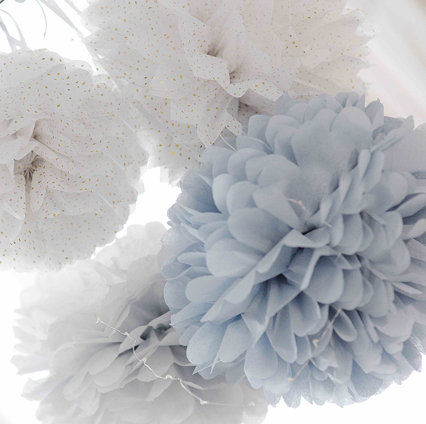 White, dusty blue and grey paper pom pom set of 16 mixed sizes Boys birthday baptism Pom pom for baby shower boho wedding decorations