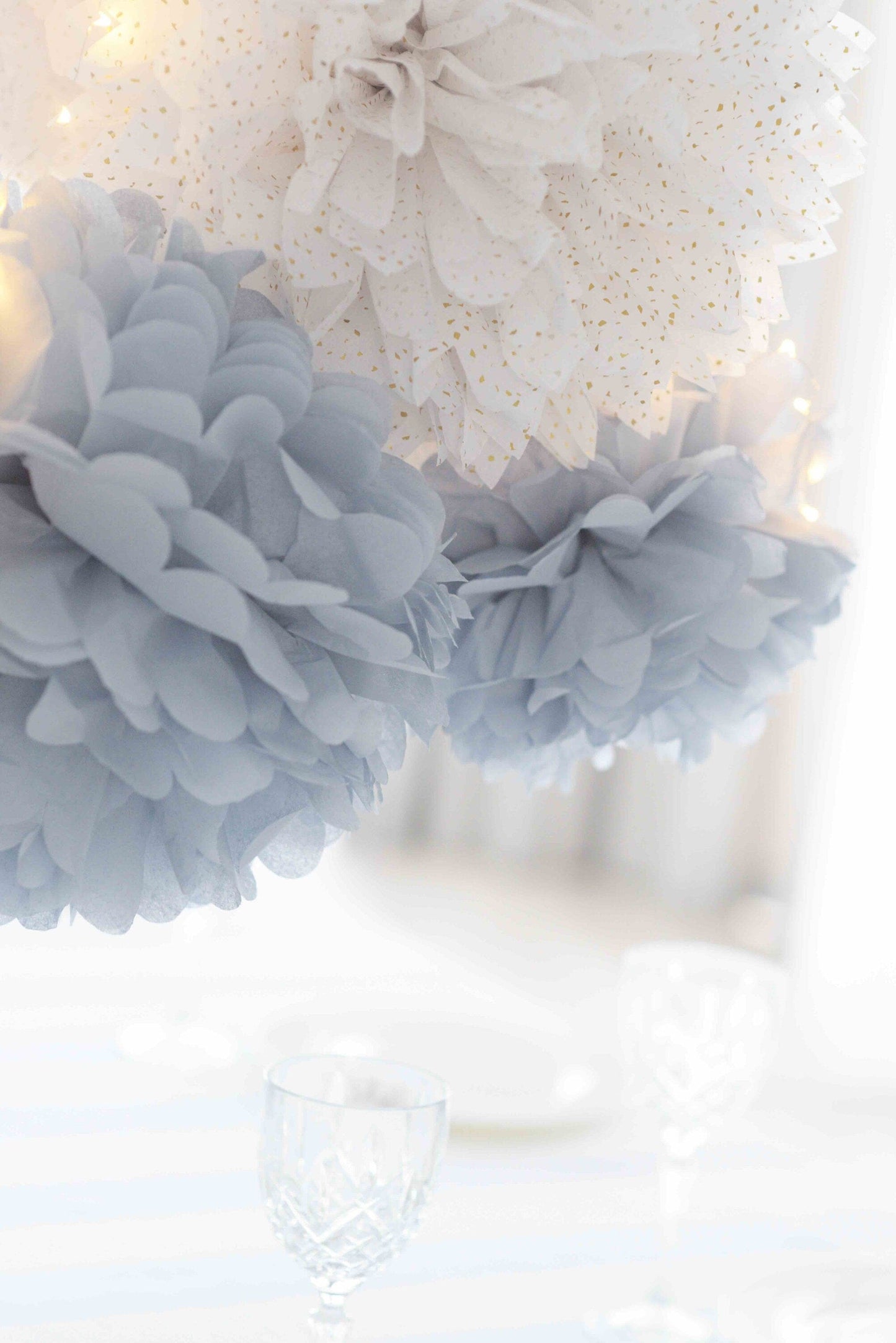 White, dusty blue and grey paper pom pom set of 16 mixed sizes Boys birthday baptism Pom pom for baby shower boho wedding decorations