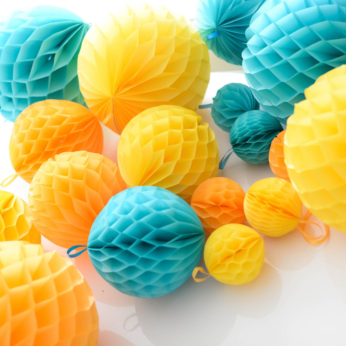 Yellow and aqua paper pom poms | 8 mixed size honeycomb balls set | Birthday party decorations