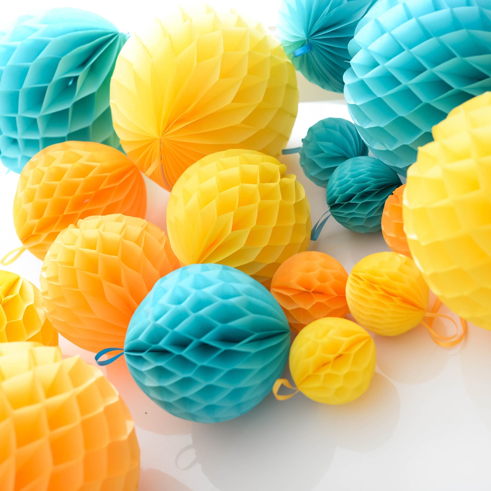 Yellow and aqua paper pom poms | 8 mixed size honeycomb balls set | Birthday party decorations