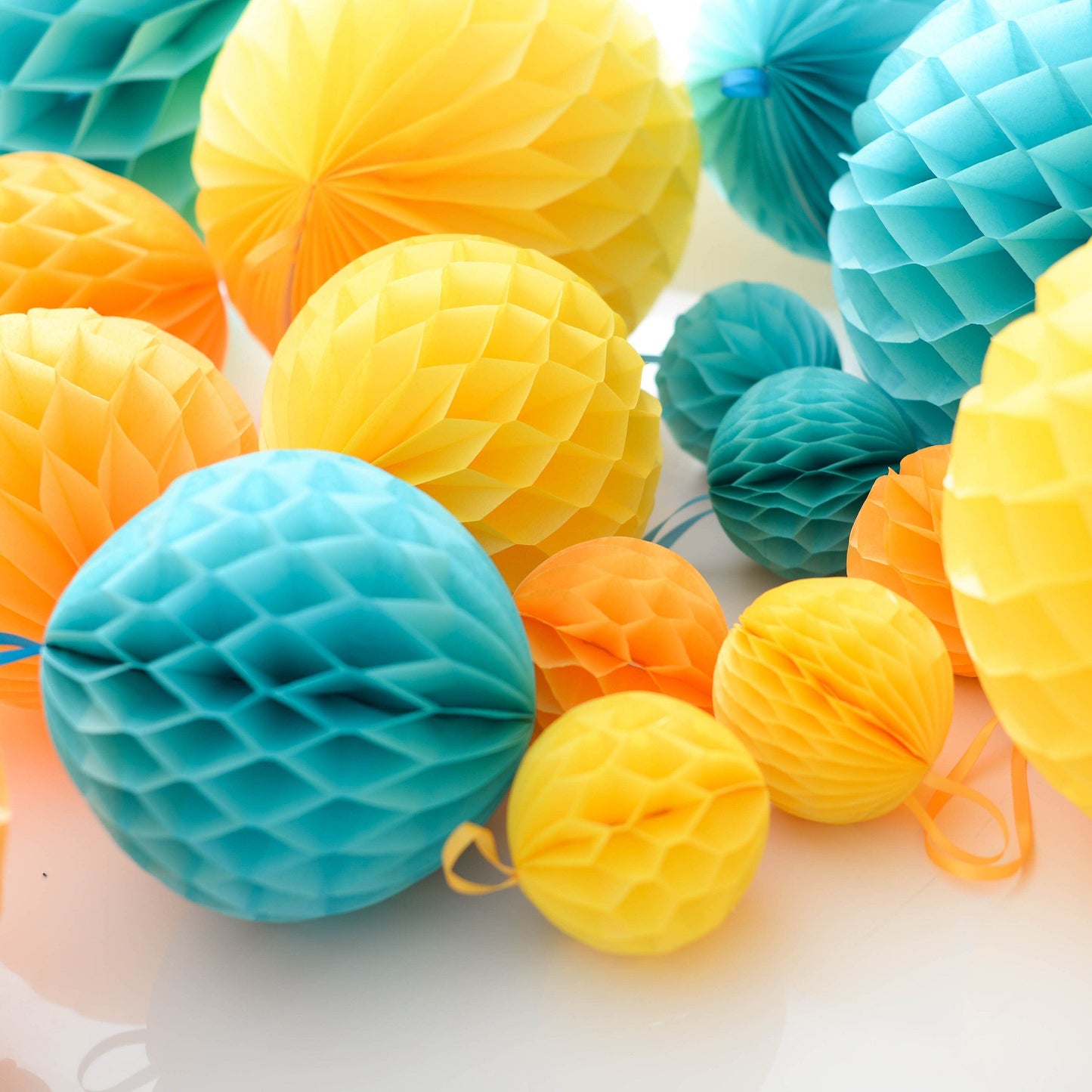 Yellow and aqua paper pom poms | 8 mixed size honeycomb balls set | Birthday party decorations