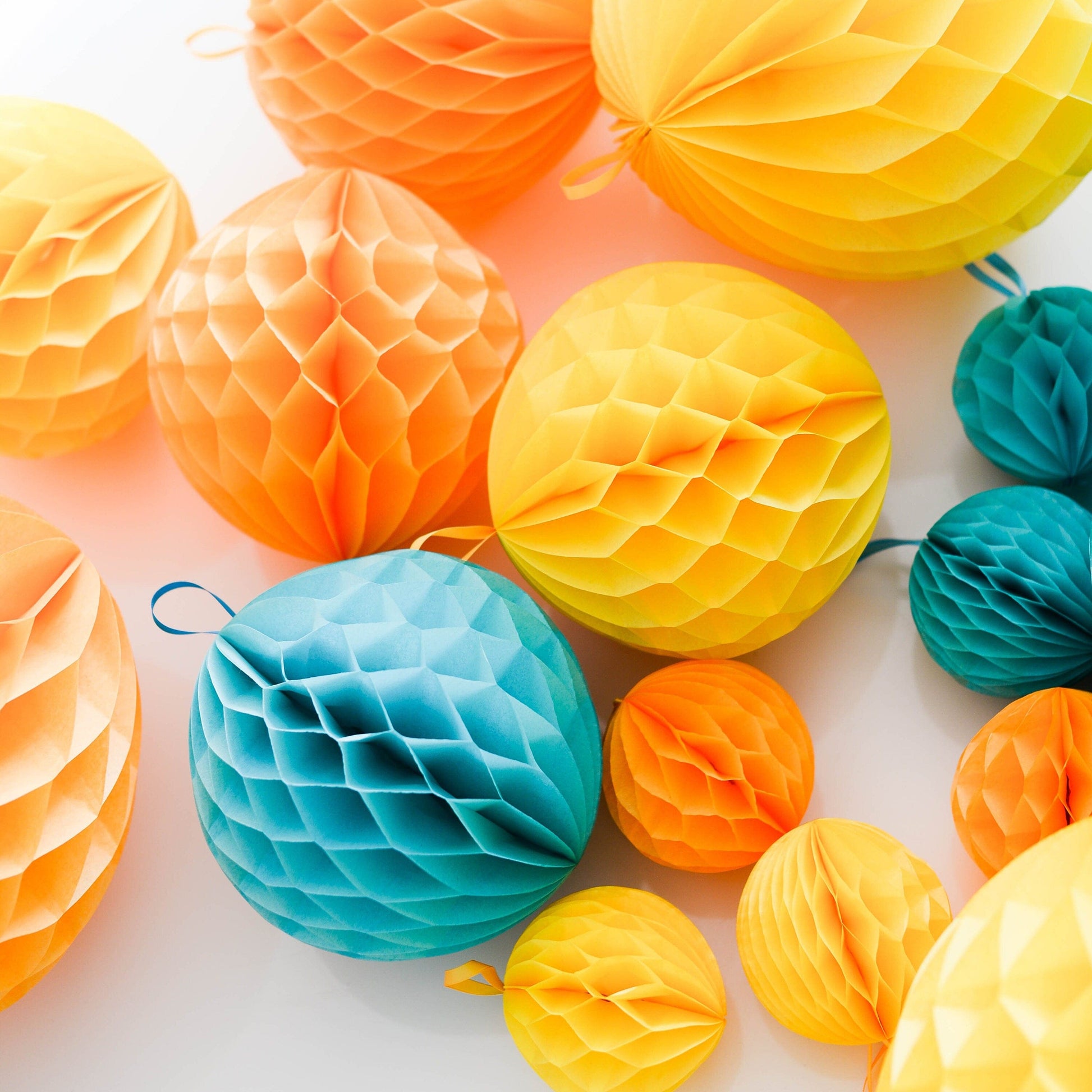 Yellow and aqua paper pom poms | 8 mixed size honeycomb balls set | Birthday party decorations