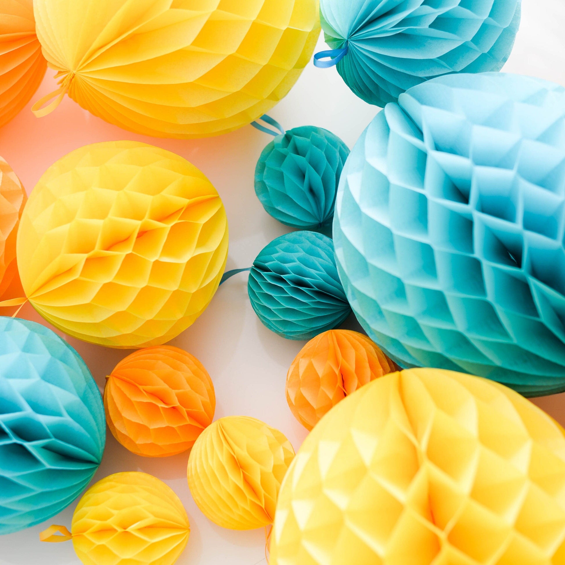 Yellow and aqua paper pom poms | 8 mixed size honeycomb balls set | Birthday party decorations