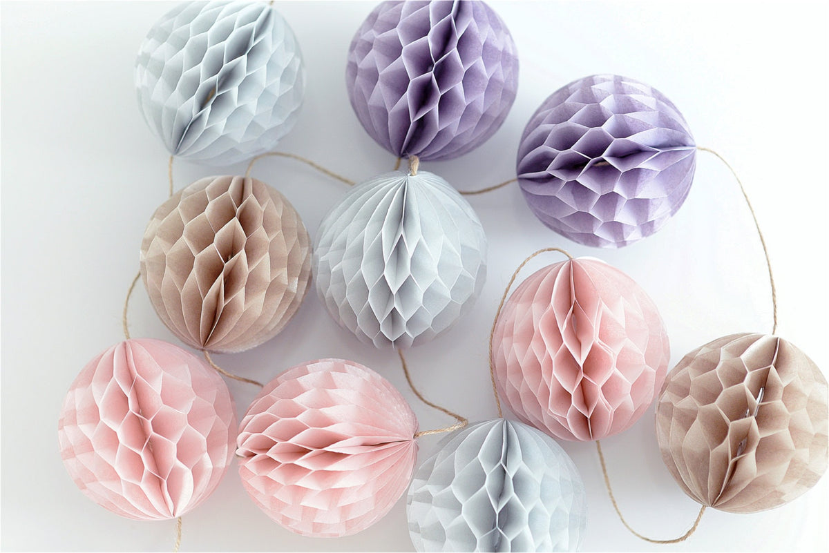Handmade Pastel Honeycomb Ball Garland: Champagne, Blush, Lavender