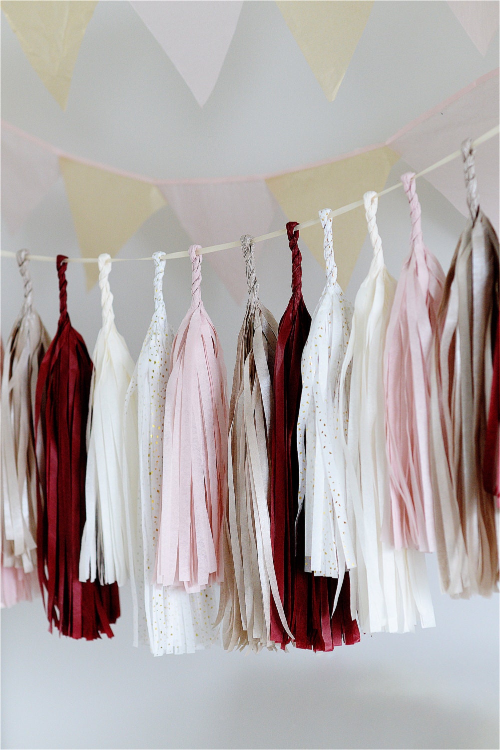 Dusty blush, burgundy and champagne Paper tassel garland party decoration Romantic Blush Fringe garland Birthday Wedding high chair decor
