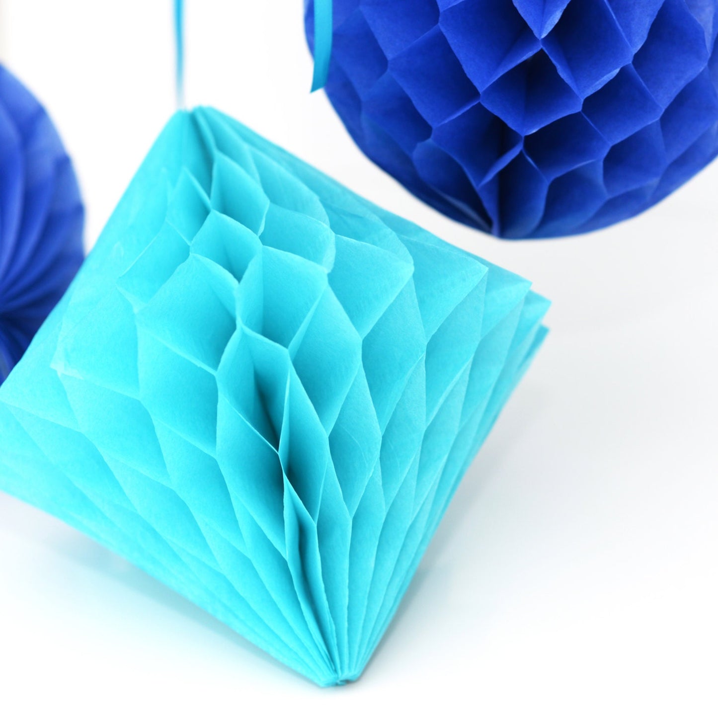Honeycomb pom poms party set | Boy birthday decor | Aqua party decor | Hanging paper balls | Blue nursery decor
