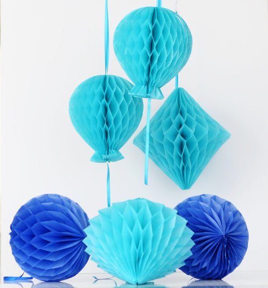 Honeycomb pom poms party set | Boy birthday decor | Aqua party decor | Hanging paper balls | Blue nursery decor