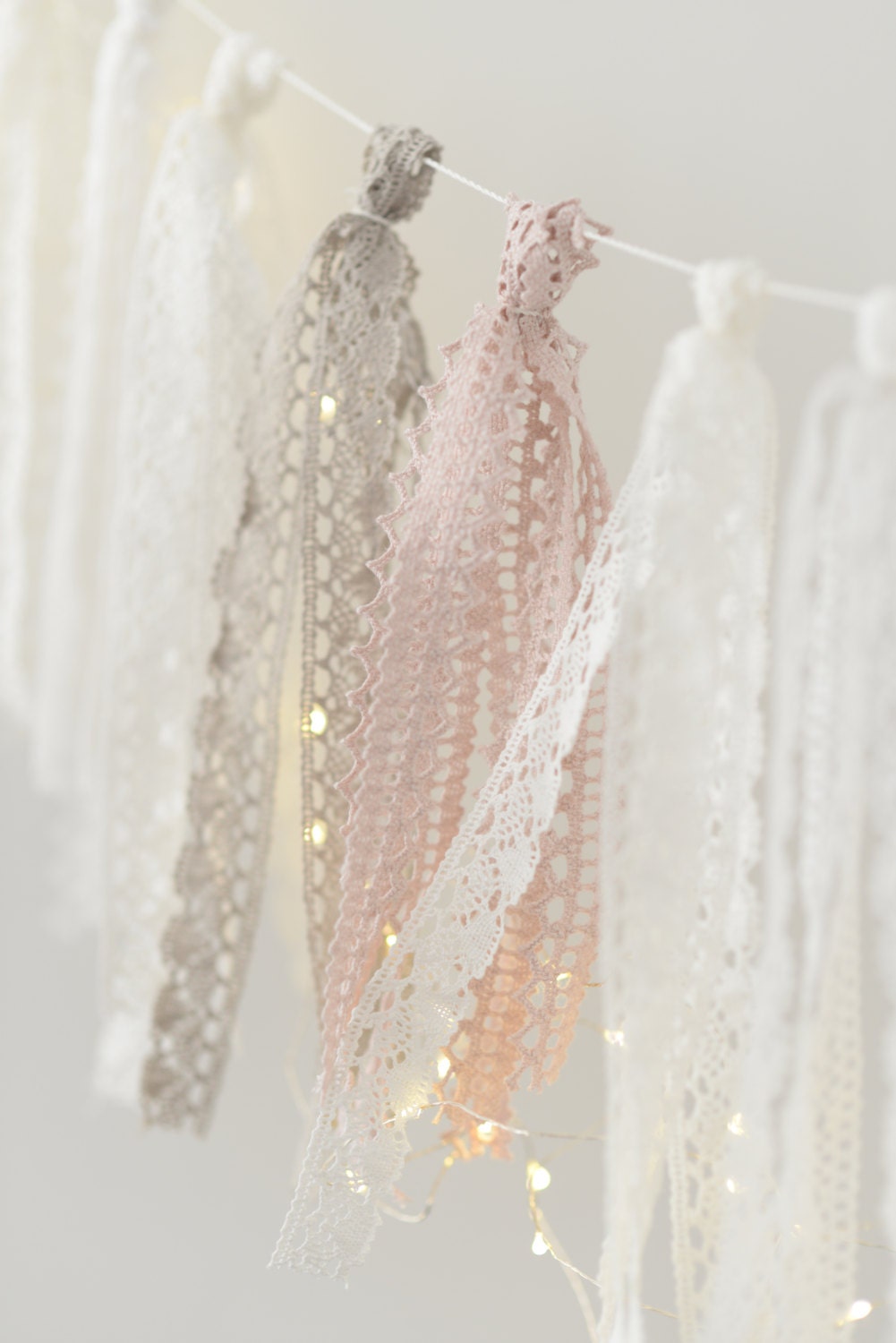 Crochet ribbon fringe garland white 2m length beige dusty pink Boho wall hanging Boho wedding chair decor baby shower, bridal shower decor