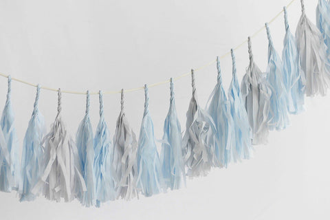 Light Blue and Grey Tassel Garland party decoration Fringe Banner for Baby Shower, 1st Birthday, Wedding Backdrop Party Decor eco friendly