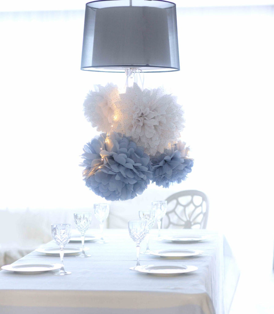 Dusty blue and white paper pom pom party decorations set of 64 PSC baby shower decor boho Weding birthday party decorations -large set