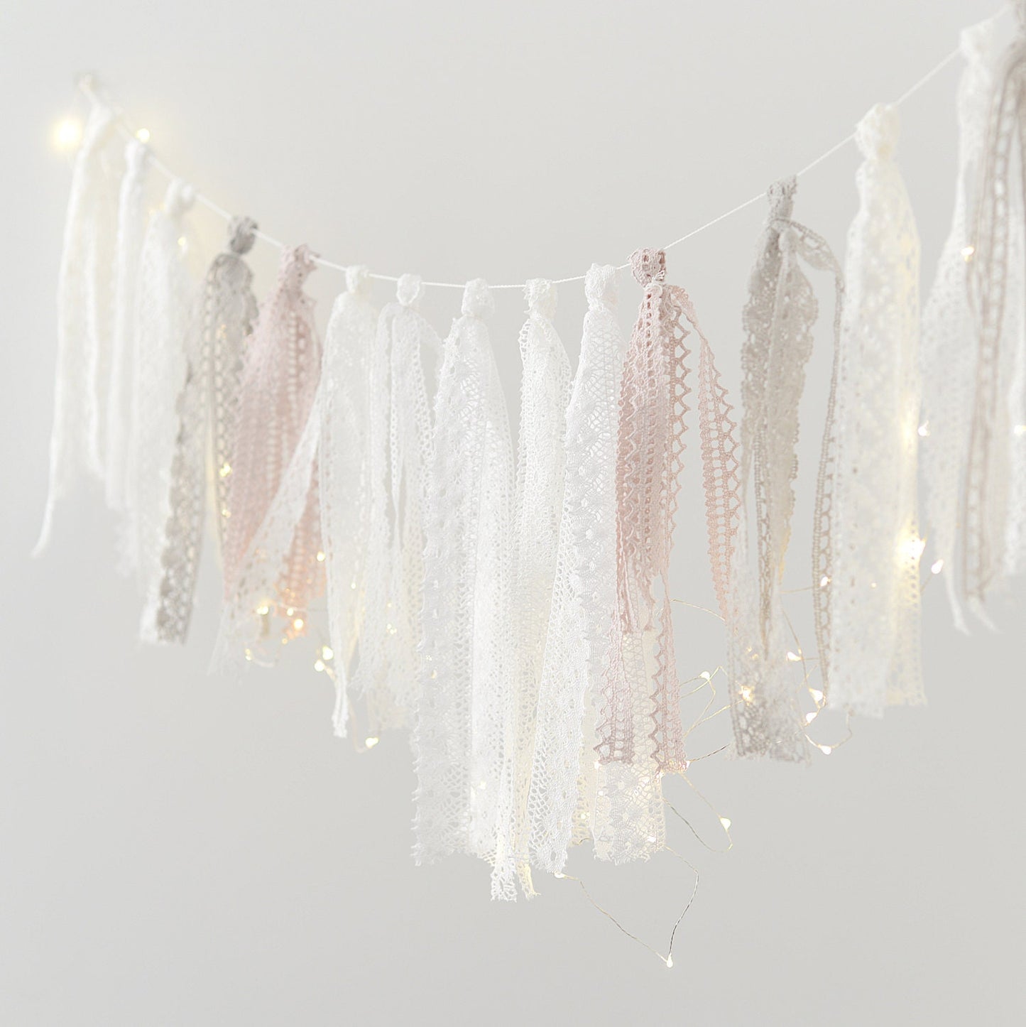Crochet ribbon fringe garland white 2m length beige dusty pink Boho wall hanging Boho wedding chair decor baby shower, bridal shower decor