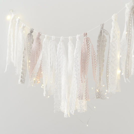 Natural linen cochet ribbon tassel fringe garland 2m length with mini led lights Shabby Chic Banner for Wedding Baby Shower