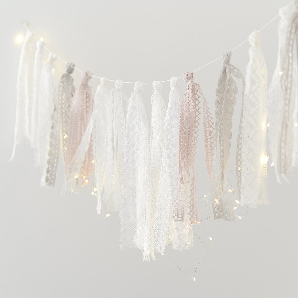 Natural linen cochet ribbon tassel fringe garland 2m length with mini led lights Shabby Chic Banner for Wedding Baby Shower