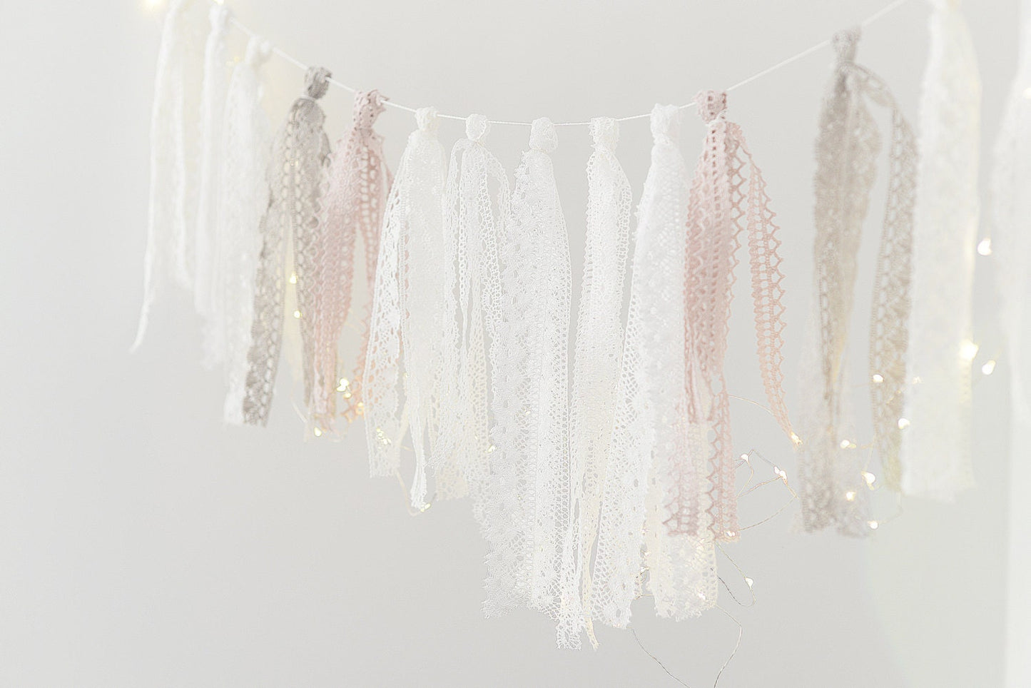 Crochet ribbon fringe garland white 2m length beige dusty pink Boho wall hanging Boho wedding chair decor baby shower, bridal shower decor