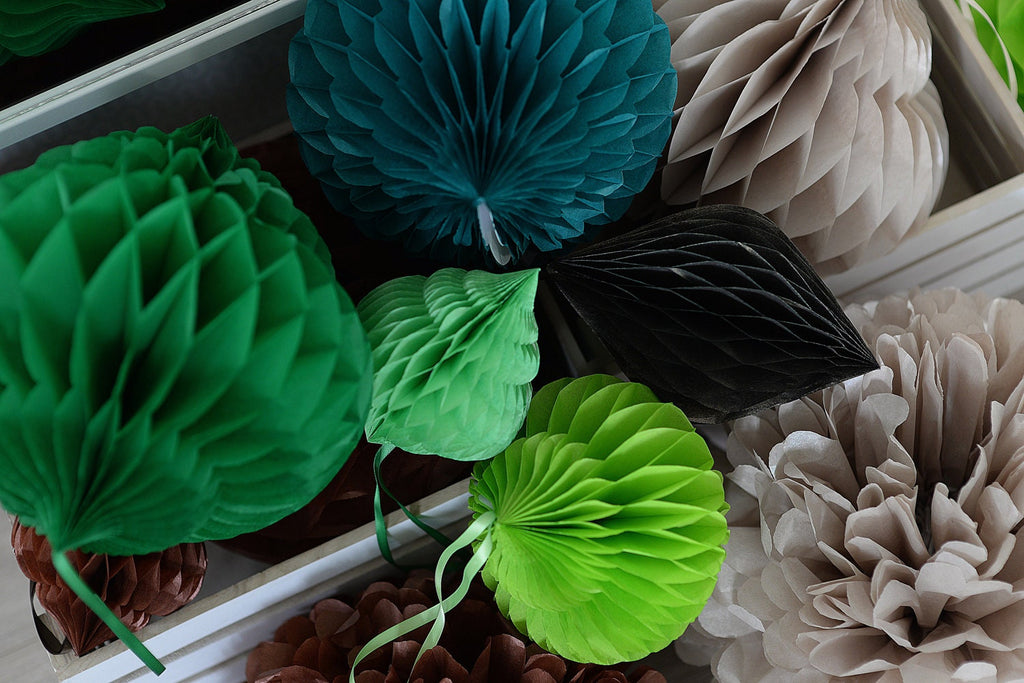 Set of green and neutral  Paper honeycombs and pom poms set of party decorations teetotums  Paper baubles  paper pompoms -wedding, birthday