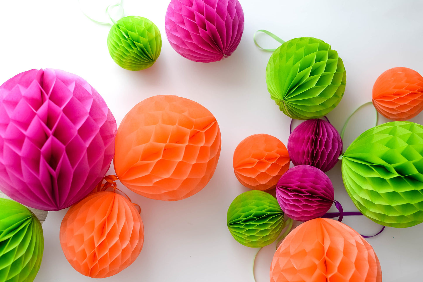Set of 8  Paper Honeycomb Balls Orange, Green, Fuchsia Party Decorations for Weddings, Birthdays, Baby Showers, fall home decor gift
