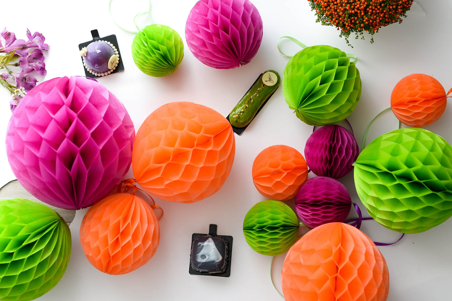 Set of 8  Paper Honeycomb Balls Orange, Green, Fuchsia Party Decorations for Weddings, Birthdays, Baby Showers, fall home decor gift