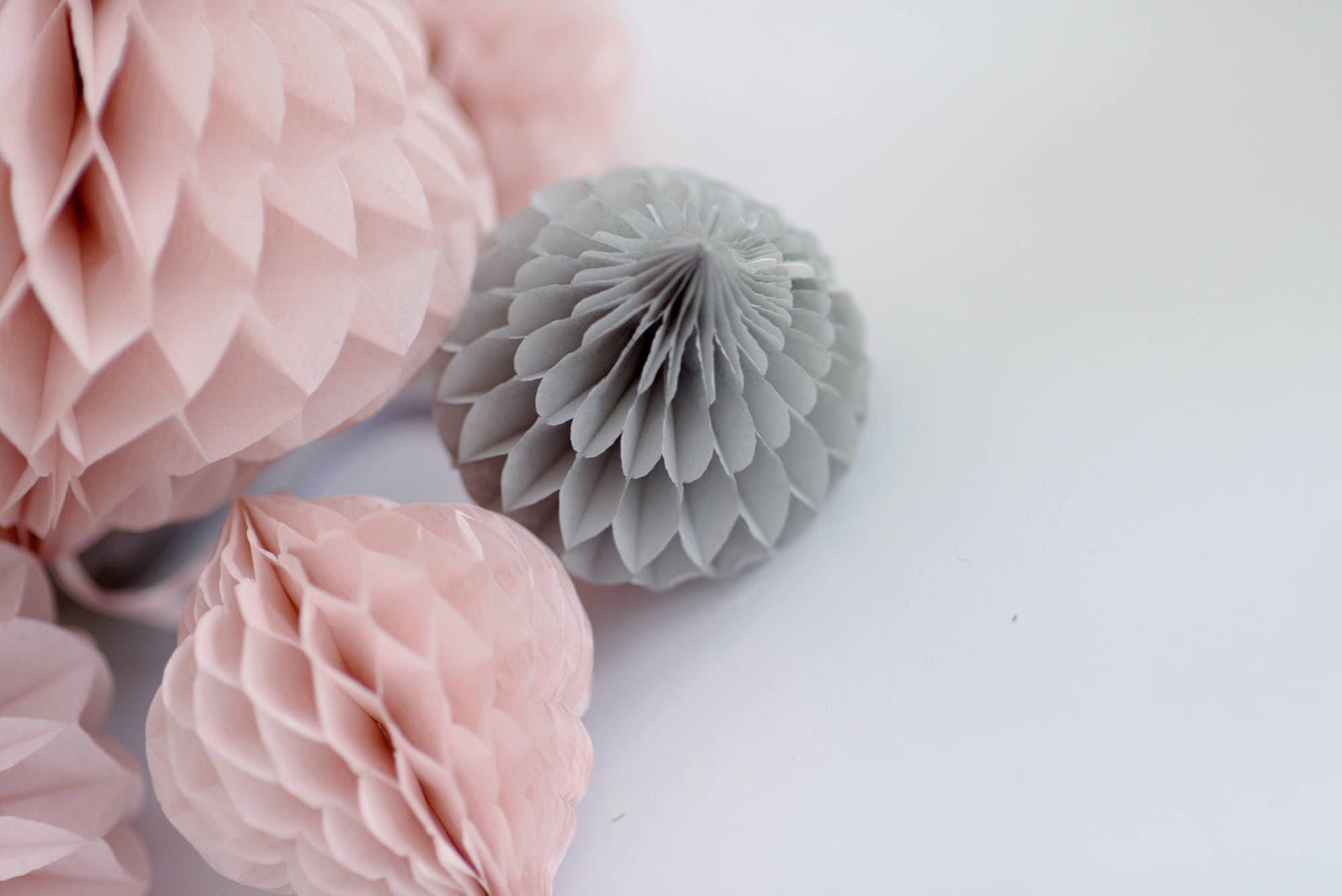Dusty pink wedding decor |  honeycomb paper pom poms set | Pastel paper pom pom garland