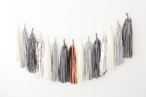 Metallic Silver, Bronze, and Grey Paper Tassel Garland | Fringe Birthday Banner