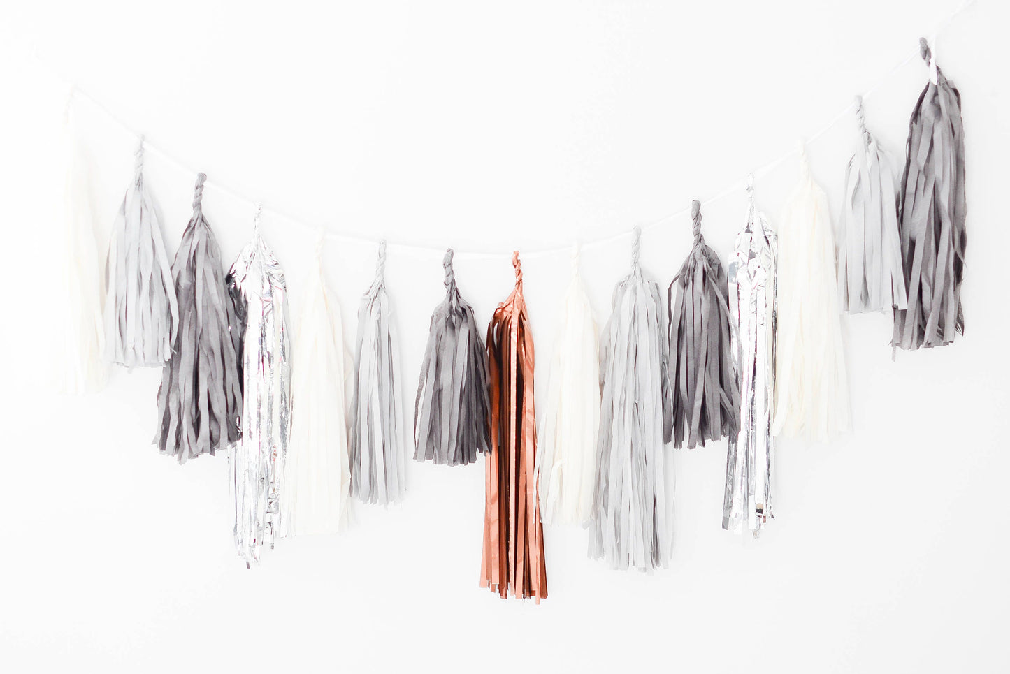 Metallic Silver, Bronze, and Grey Paper Tassel Garland | Fringe Birthday Banner
