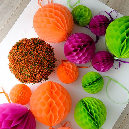 Set of 8  Paper Honeycomb Balls Orange, Green, Fuchsia Party Decorations for Weddings, Birthdays, Baby Showers, fall home decor gift