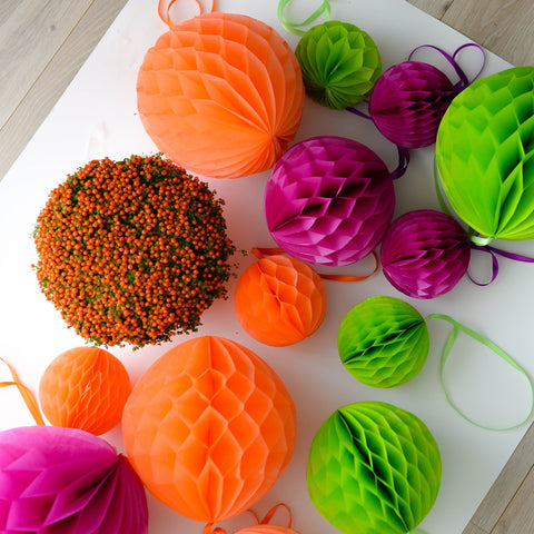 Set of 8  Paper Honeycomb Balls Orange, Green, Fuchsia Party Decorations for Weddings, Birthdays, Baby Showers, fall home decor gift