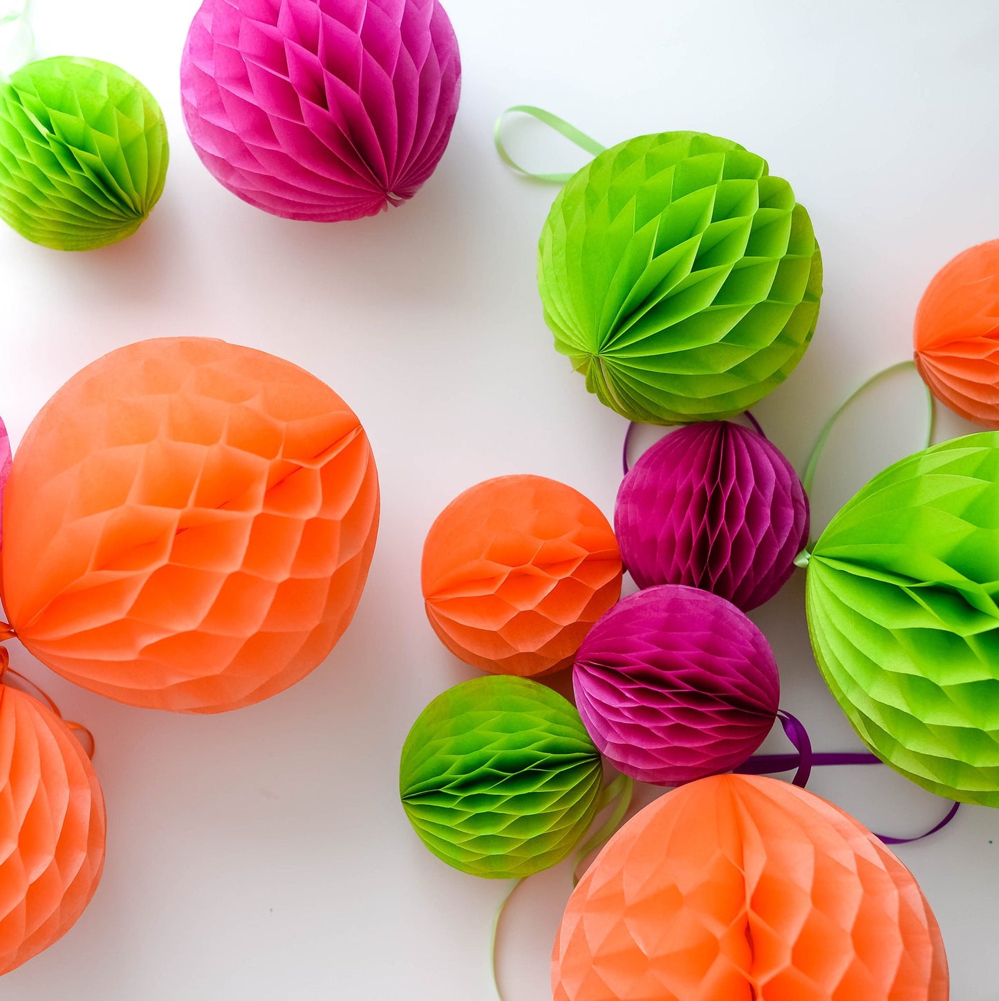 Set of 8  Paper Honeycomb Balls Orange, Green, Fuchsia Party Decorations for Weddings, Birthdays, Baby Showers, fall home decor gift