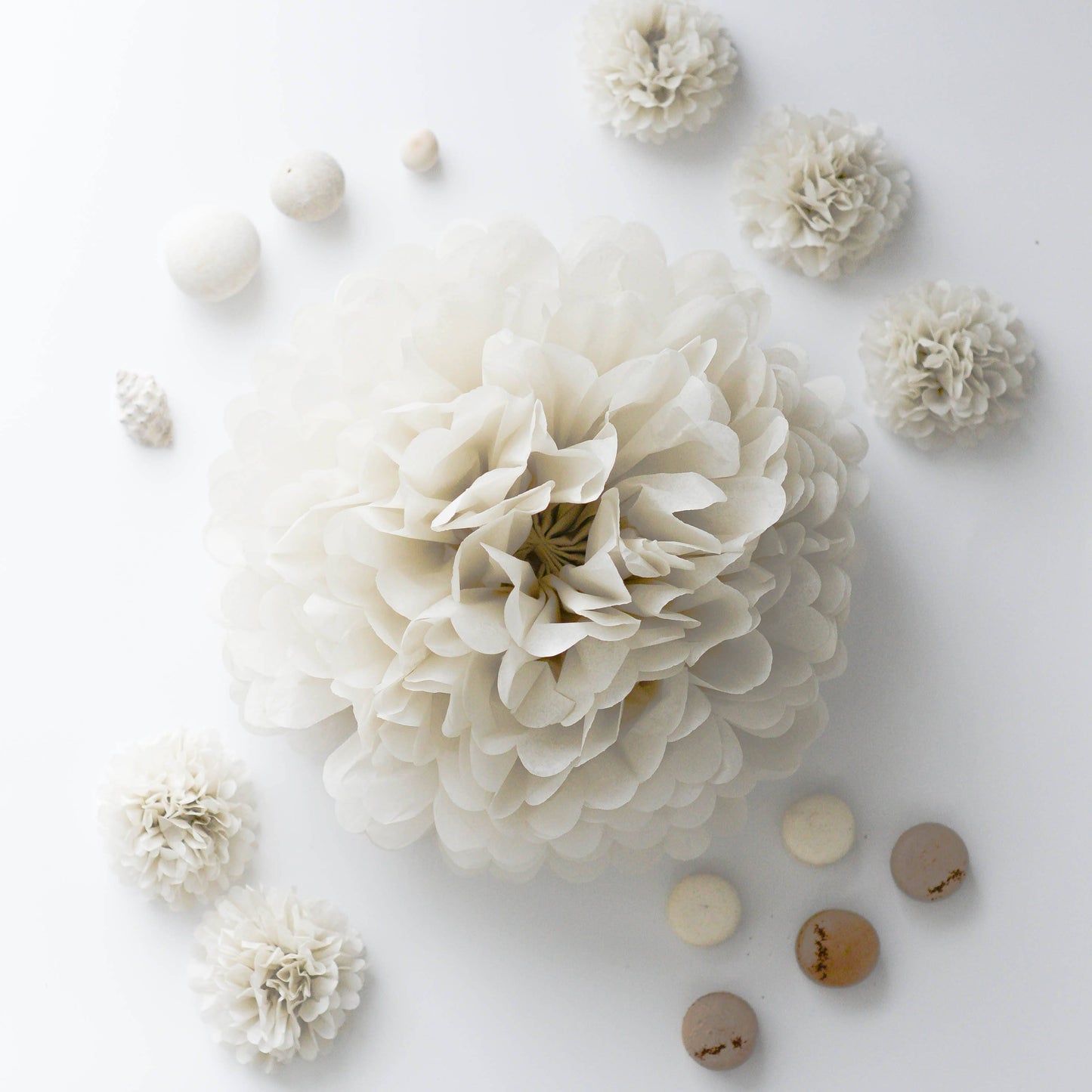 Paper pom poms in almond milk Rustic boho wedding decorations oatmeal neutral Paper flowers baby shower, bridal shower, birthday decor