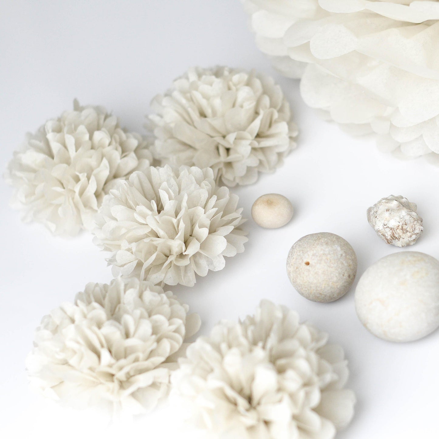 Paper pom poms in almond milk Rustic boho wedding decorations oatmeal neutral Paper flowers baby shower, bridal shower, birthday decor