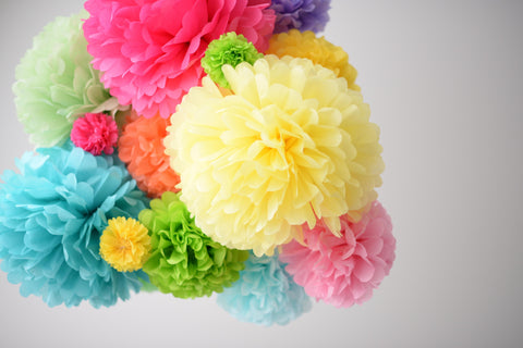 30 mixed size vibrant colors tissue paper pom poms flower set, rainbow birthday, Tropical fiesta, Summer party decorations, baby shower