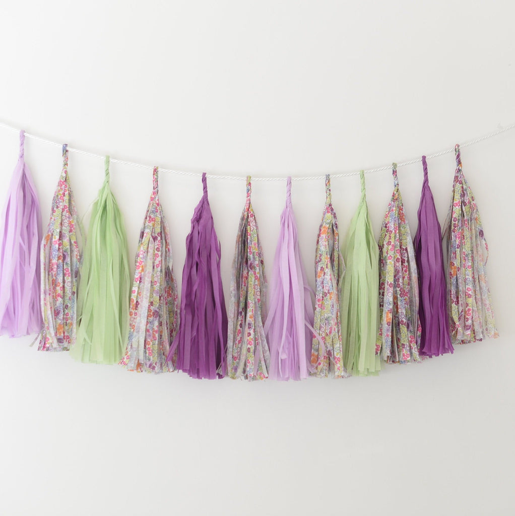 Purple, sage green,  liberty flowers paper tassel garland party decorations FULLY ASSEMBLED  bridal shower wedding banner Birthday bunting