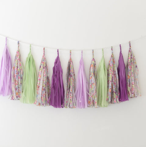 Purple, sage green,  liberty flowers paper tassel garland party decorations FULLY ASSEMBLED  bridal shower wedding banner Birthday bunting