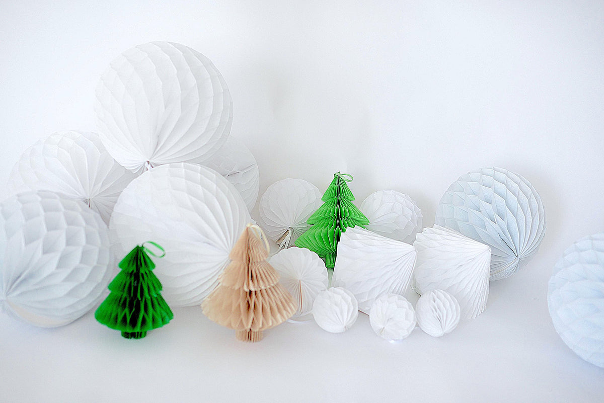 Christmas Honeycomb Decoration Set, Paper Trees and White Snowball Balls, Reusable