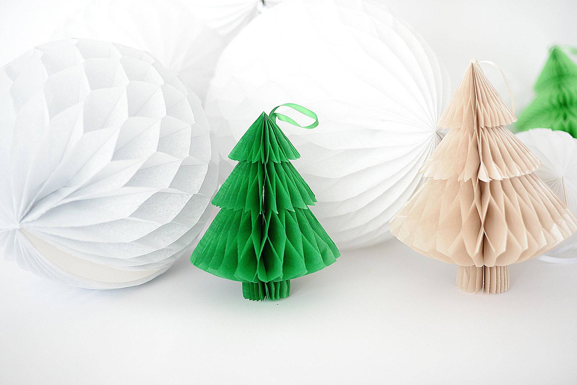 Christmas Honeycomb Decoration Set, Paper Trees and White Snowball Balls, Reusable