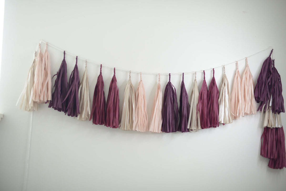 Burgundy Aubergine Tassel Garland, Champagne Dusty Pink Paper Wedding Backdrop Decor