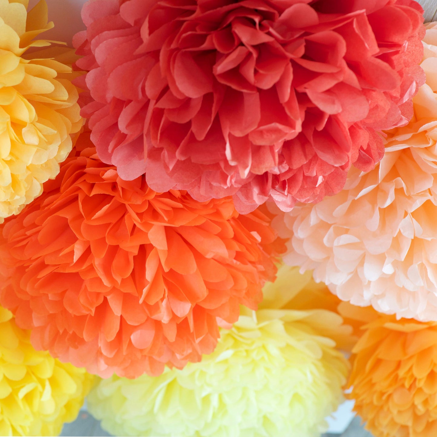 6 mixed size paper pom pom party decoration set customisable colours paper flowers for birthday party, wedding, baby shower eco friendly