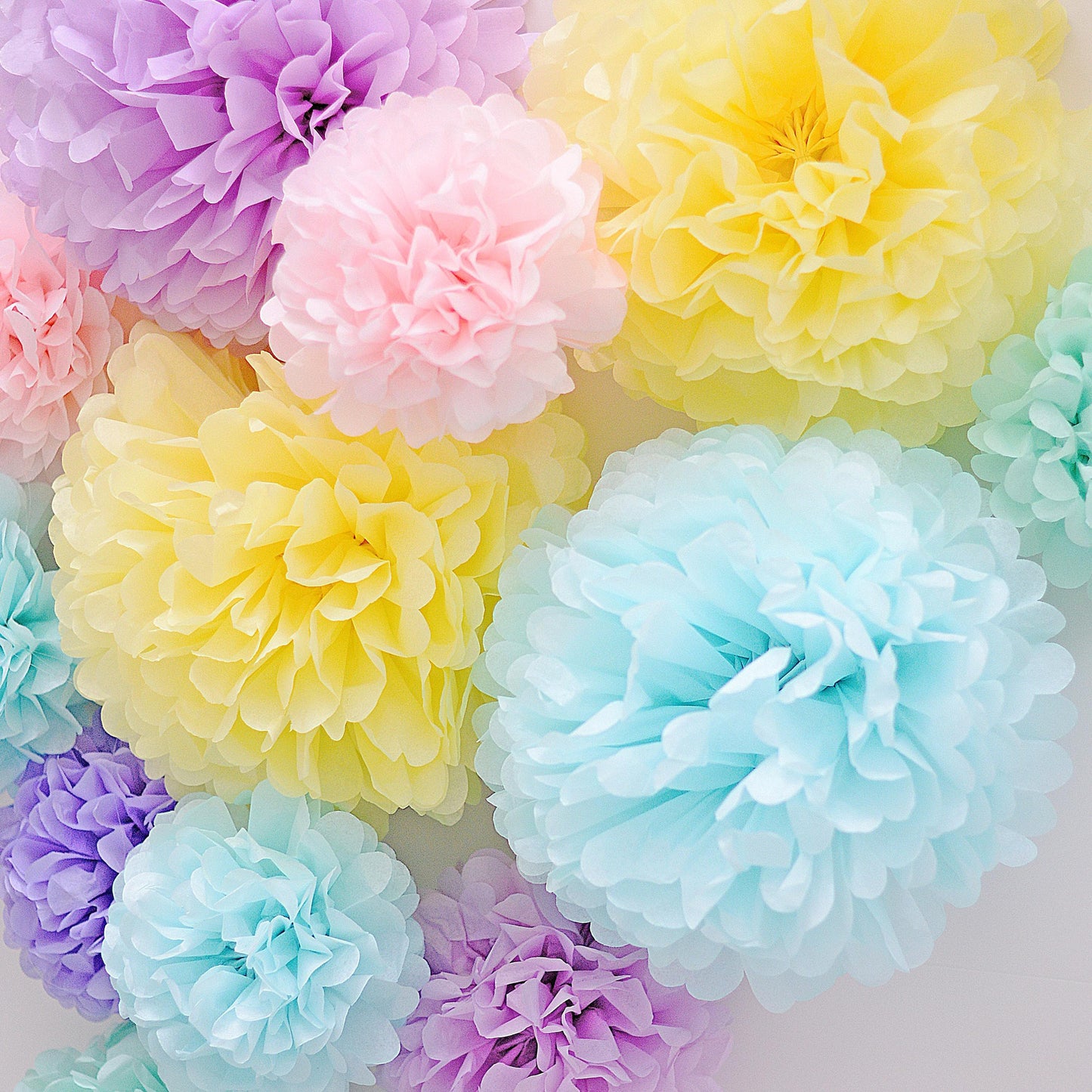6 mixed size paper pom pom party decoration set customisable colours paper flowers for birthday party, wedding, baby shower eco friendly