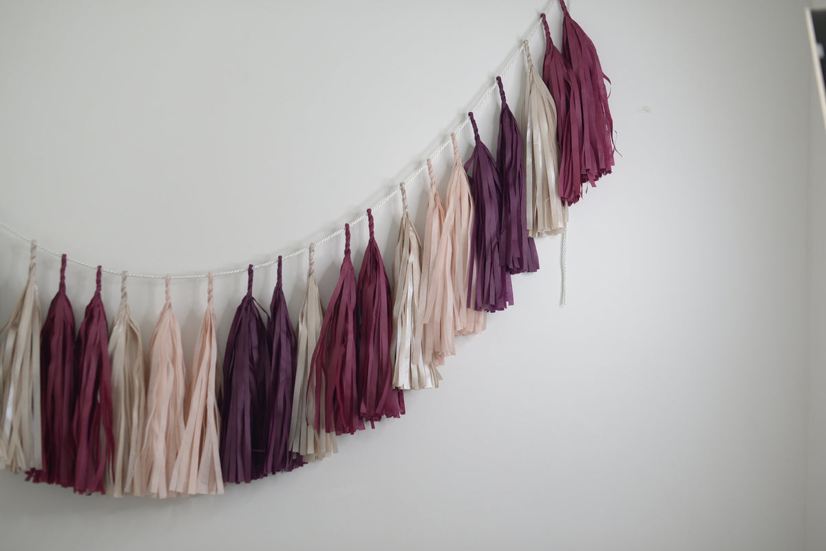 Burgundy Aubergine Tassel Garland, Champagne Dusty Pink Paper Wedding Backdrop Decor
