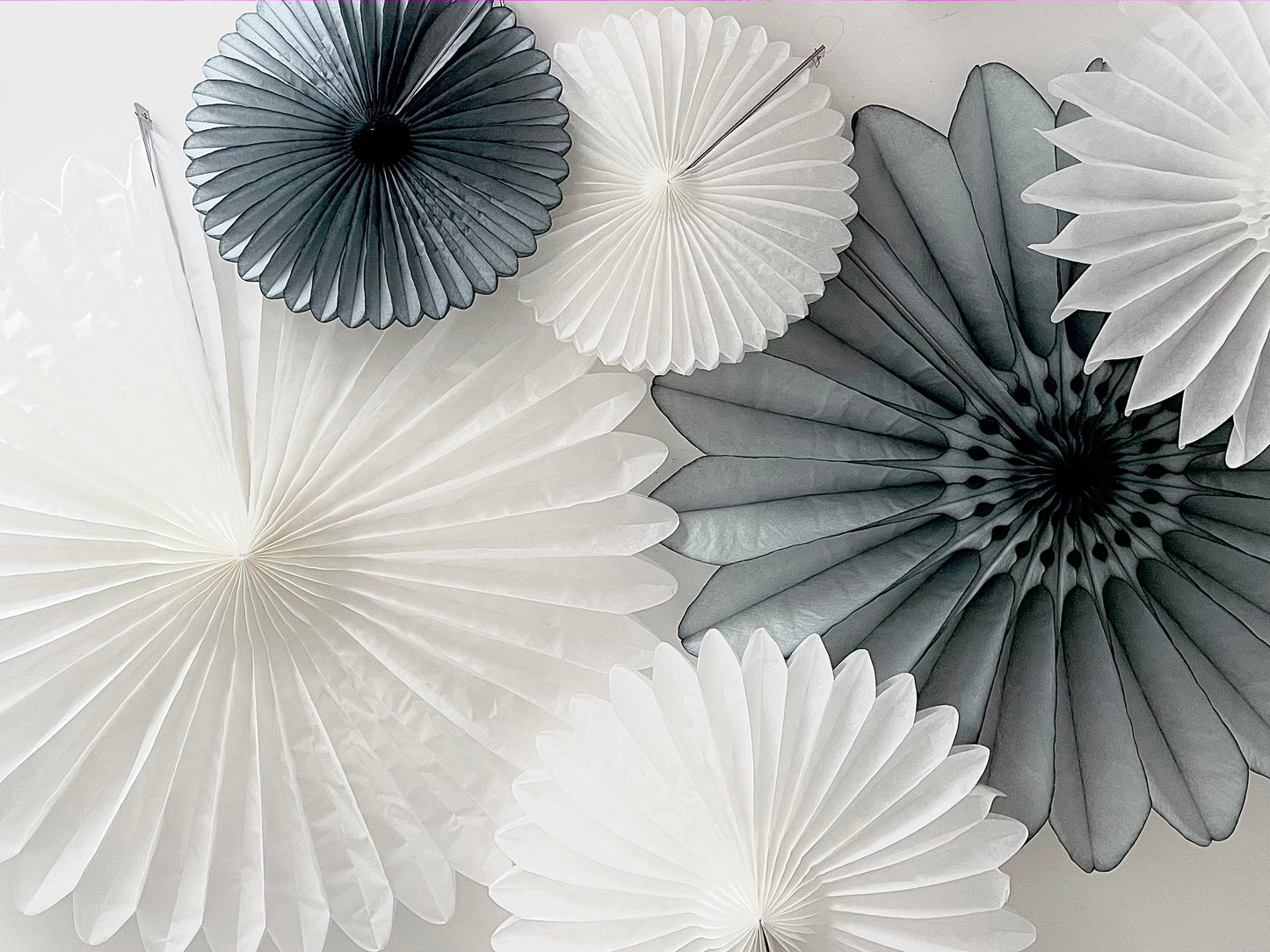 White and Grey Paper Fan Decorations Set of 6 | Wedding, Baby Shower, Bridal Shower Backdrop, Photo Props eco friendly reusable party decor