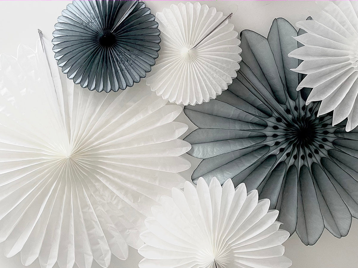 Paper fan party decorations set of 6 grey and white photo backdrop Christmas New Year wall decor baby shower bridal shower Birthday decor