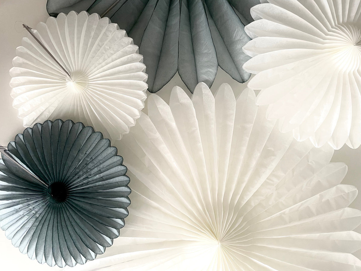 Paper fan party decorations set of 6 grey and white photo backdrop Christmas New Year wall decor baby shower bridal shower Birthday decor